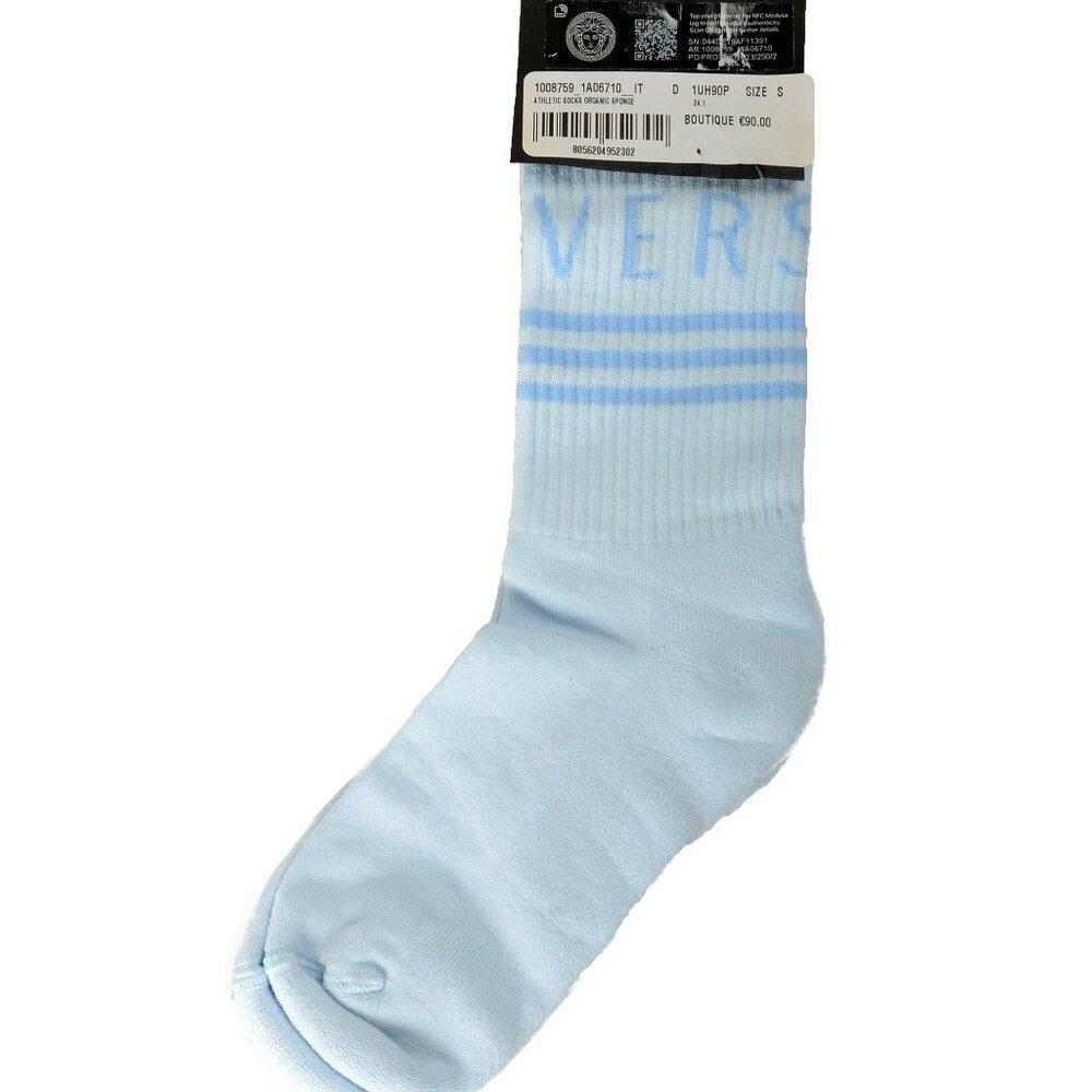 Versace Sky Blue & White Logo Print Athletic Socks sz S - Picture 2 of 3